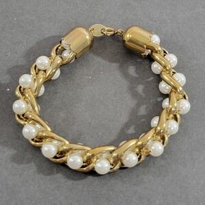 Faux Pearl Chain Link Bracelet Gold Tone 7" Feminine Classic Minimalist